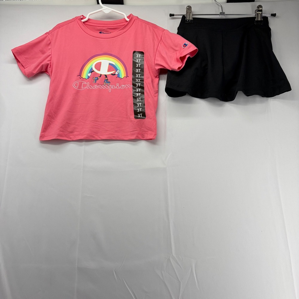 Champion Toddler Girls Pink Rainbow Roller Skate Tee and Black Skort Set 3T